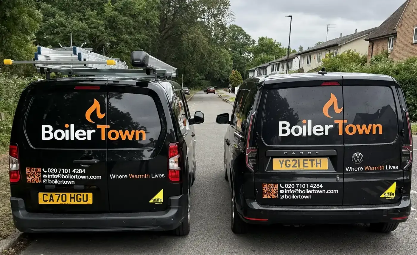 Boiler Town vans parked on a North London street